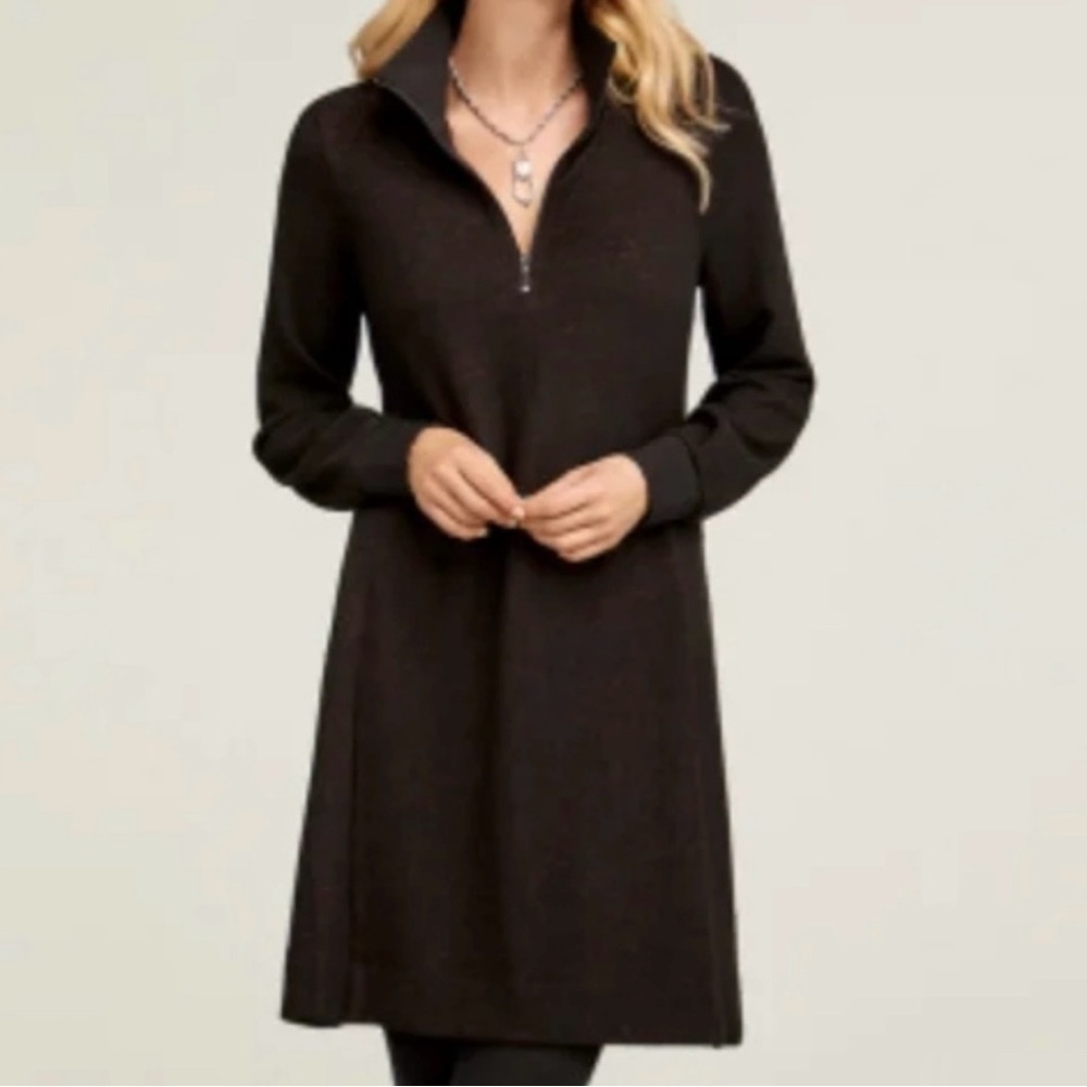 CAbi Long Sleeved Cuddle Sweater Dress,XS,Black/Burgundy,Comfy Fall Winter